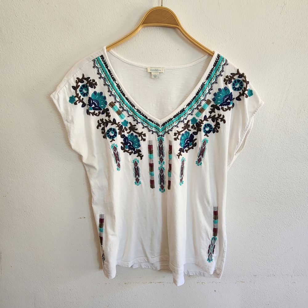 Sundance Cap Sleeve V Neck T Shirt Large Embroidered Floral Boho Southwestern